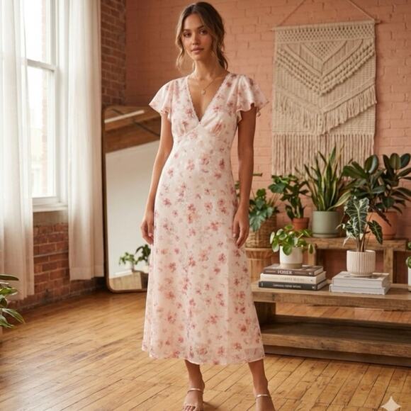 Storia Dresses & Skirts - Storia Floral Boho Midi Dress M V-Neck Flutter Sleeve Lace Boho Chic Romantic